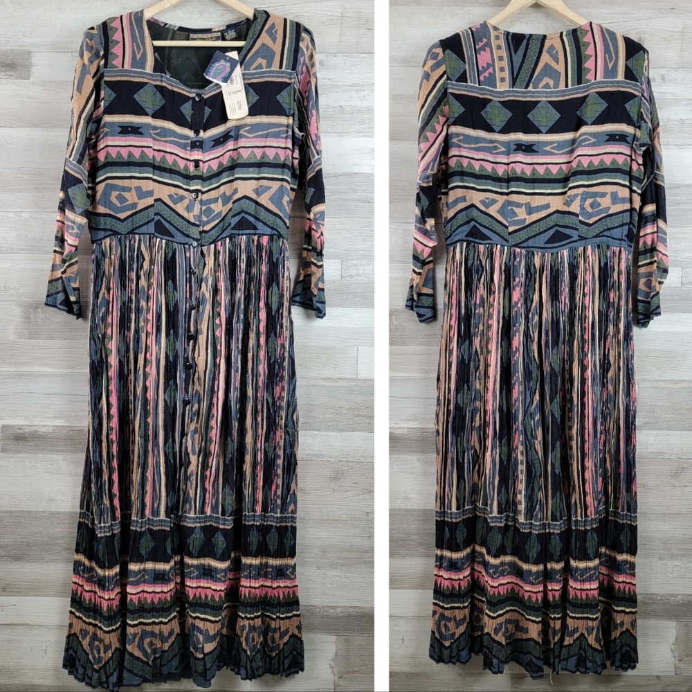 Vintage 80s Her Style Sheer Cotton Button Front Pleated Maxi Dress Size LG NWT - Picture 1 of 16